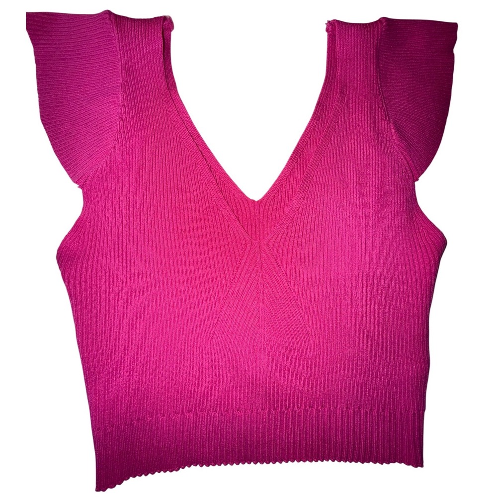 Thinkable Womens Ribbed Flutter Sleeve V-Neck Knit Crop Top Hot Pink Size M